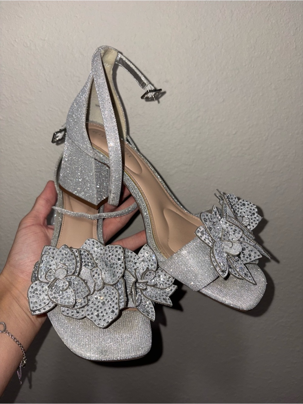Kelly & Katie Silver Glitter Floral Ankle-Strap Heels